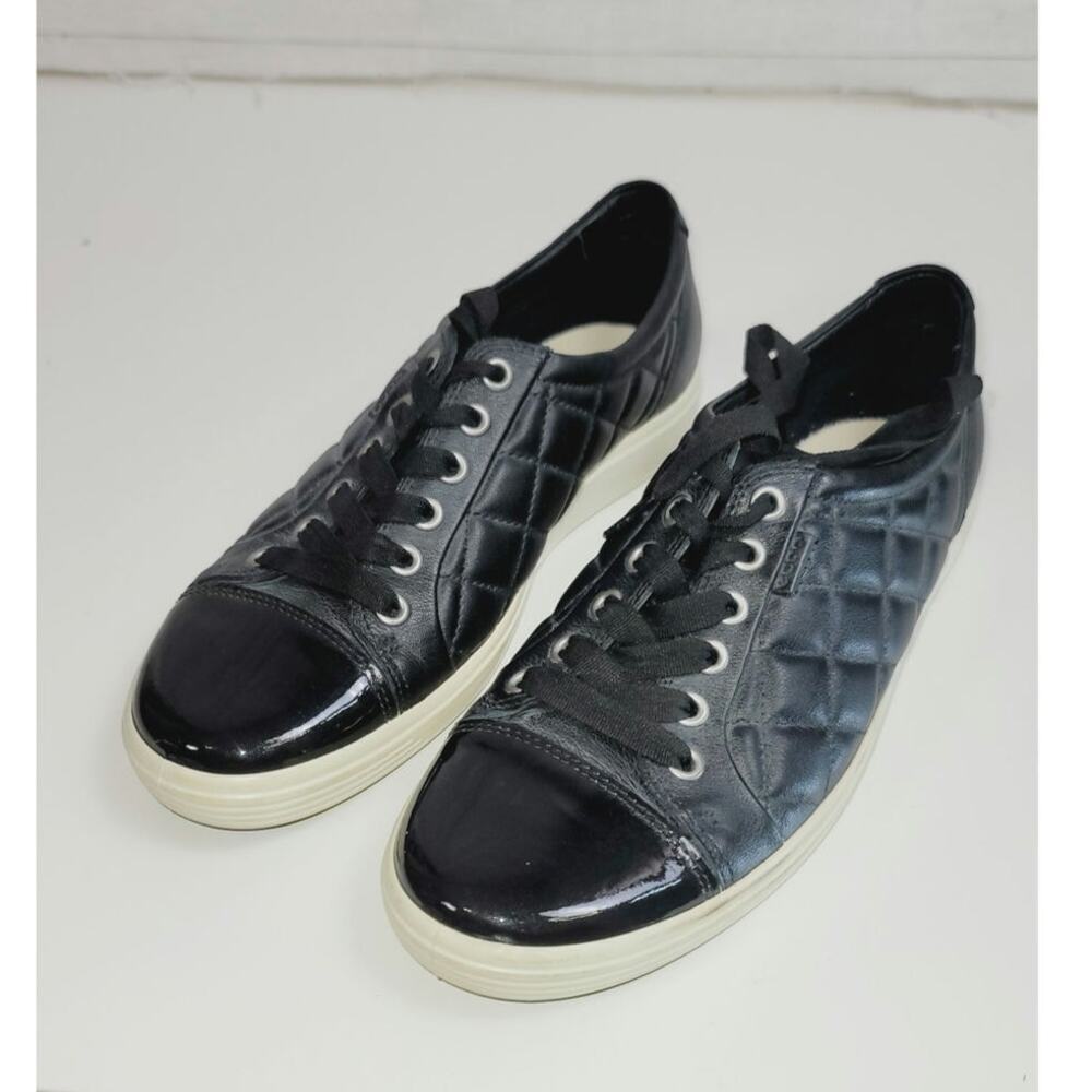 Ecco Soft 7 Quilted Black Leather Cap Toe Sneakers in Black, sz 39 EU / 8 US